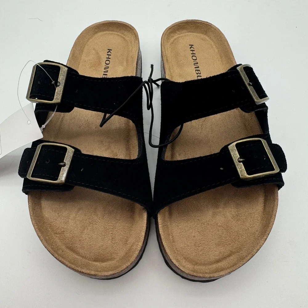 Khombu Asheville Black Suede Double Buckle Slide Sandals Women's Size 8